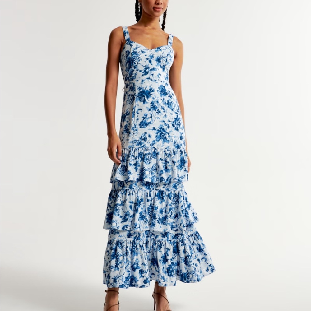Blue and white floral tiered dress